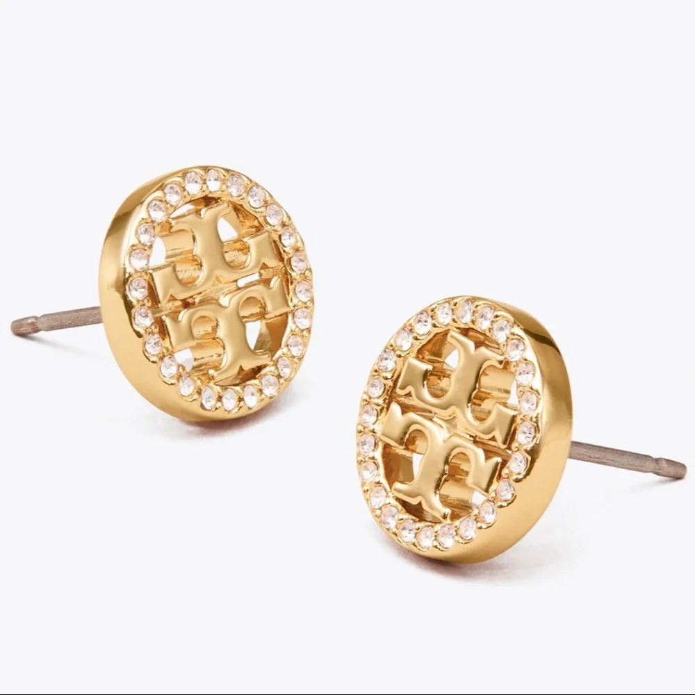 Tory Burch Gold Miller Pave Circle-Stud Earrings - Picture 2 of 14